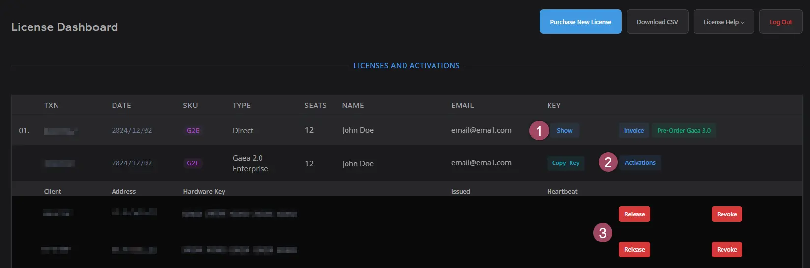 Online license release from the License Dashboard