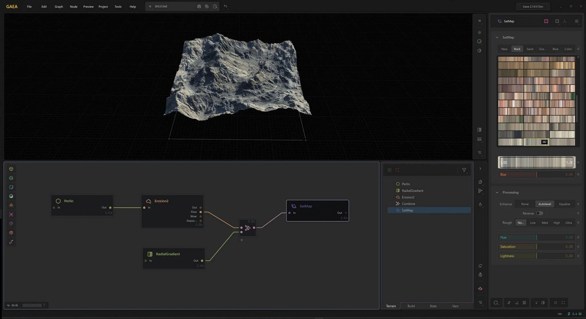 The "top" branch is used by default by Gaea to show the terrain under a color map or mask.