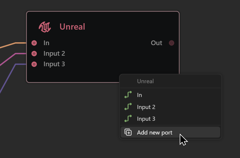 You can add additional Input Ports by dropping a connection in the middle of the Unreal node and selecting "Add new port"