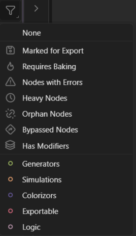 Data View filter menu showing node status and type filters.